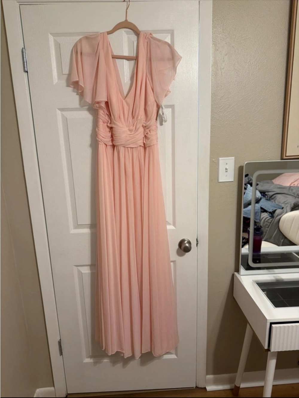 David's Bridal Soft Pink Flutter-Sleeve Chiffon Maxi Dress